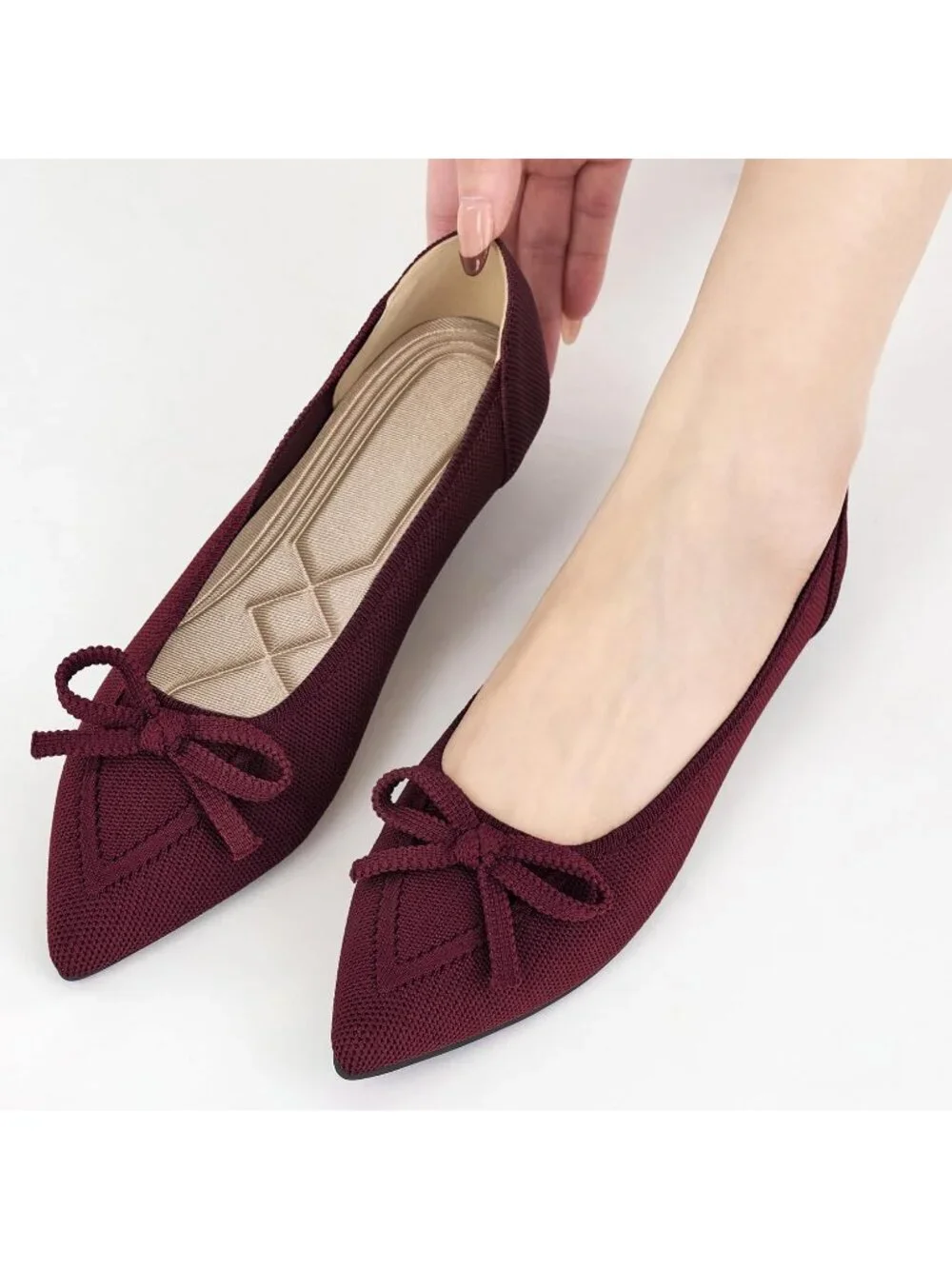 Women Wine Red Ballet Flats Shoes Dressy Pointed Toe Bow Knit Flats Comfortable